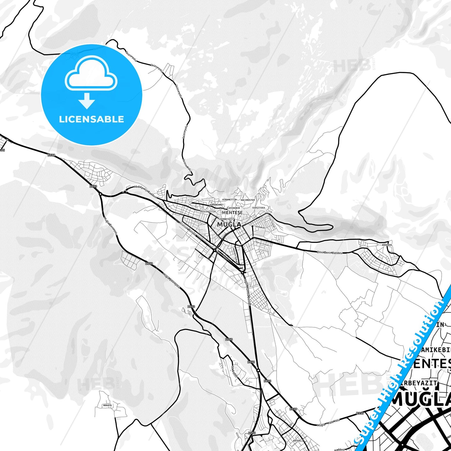 Muğla, Turkey Light Map with Street Names, City Names, and Districts
