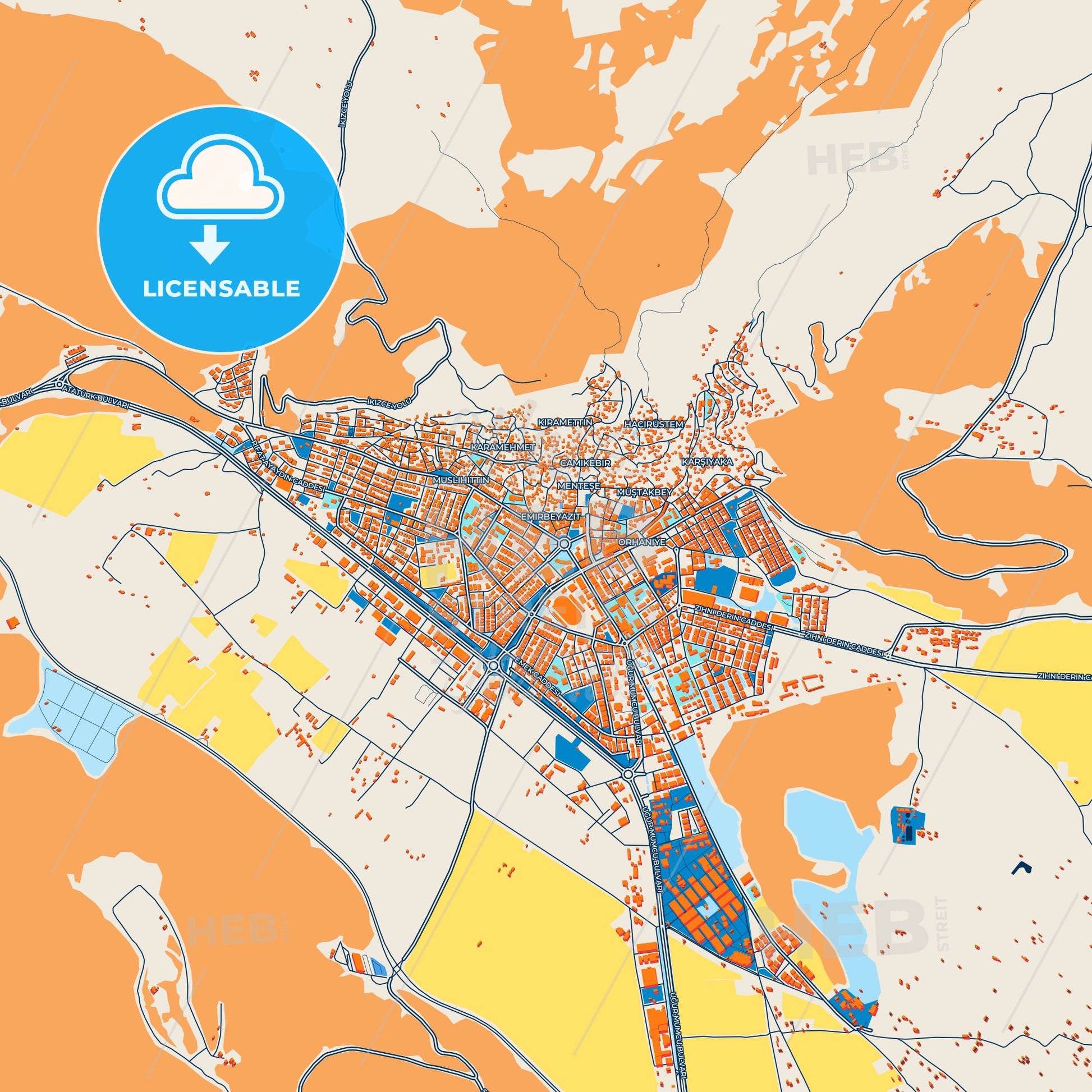 Colorful Muğla Street Map with Labels and Buildings