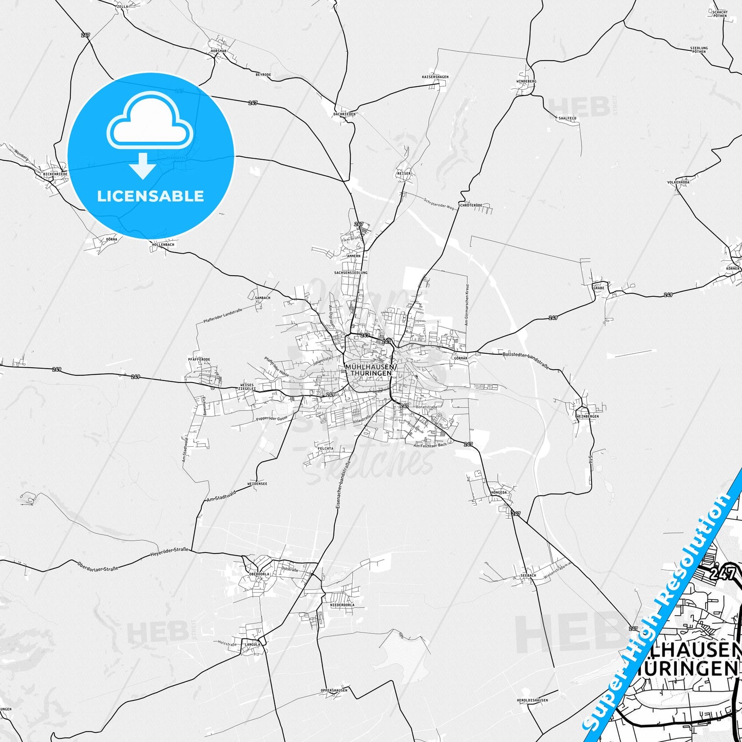 Muhlhausen/Thuringia, Germany light map with streetnames, citynames and districts