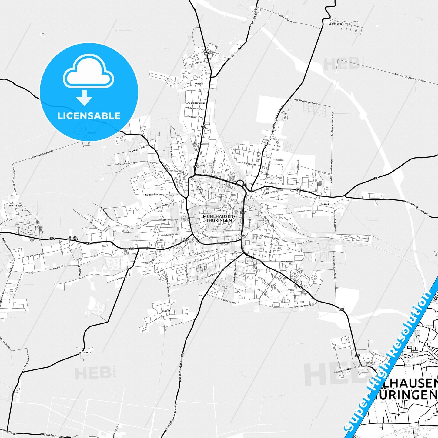 Muhlhausen/Thuringia, Germany Light Map with Street Names, City Names, and Districts