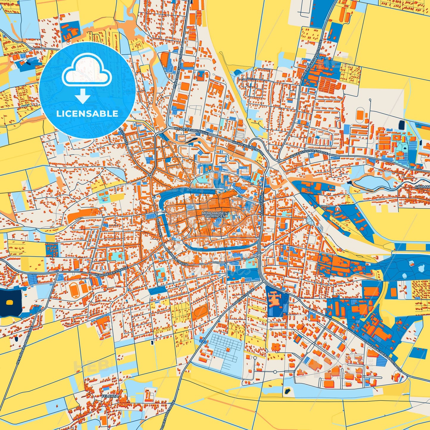 Colorful Muhlhausen/Thuringia Street Map with Labels and Buildings