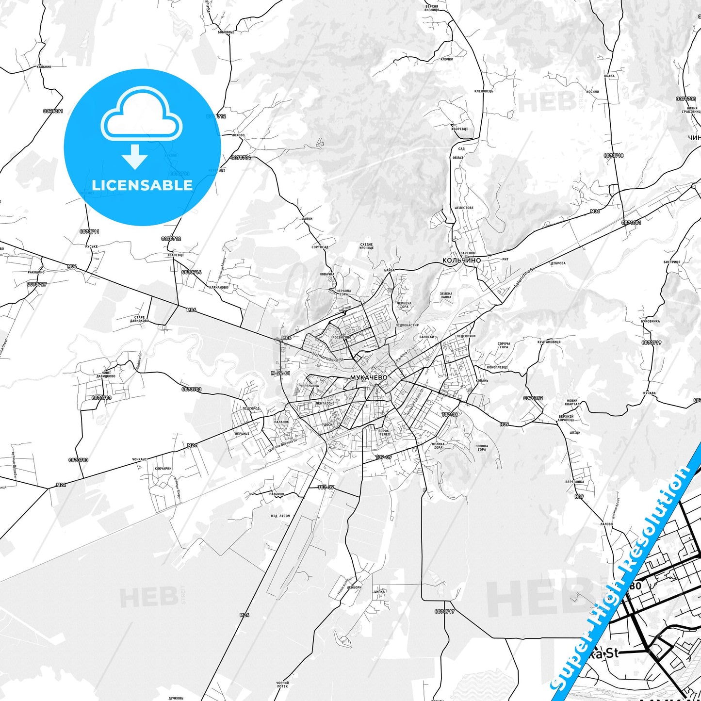 Mukachevo, Ukraine light map with streetnames, citynames and districts