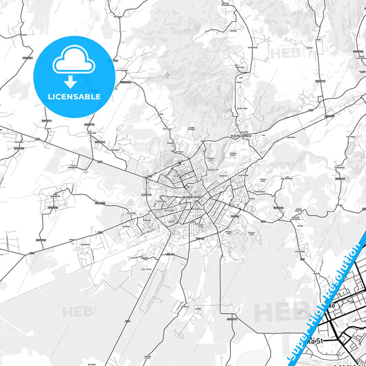 Mukachevo, Ukraine light map with streetnames, citynames and districts