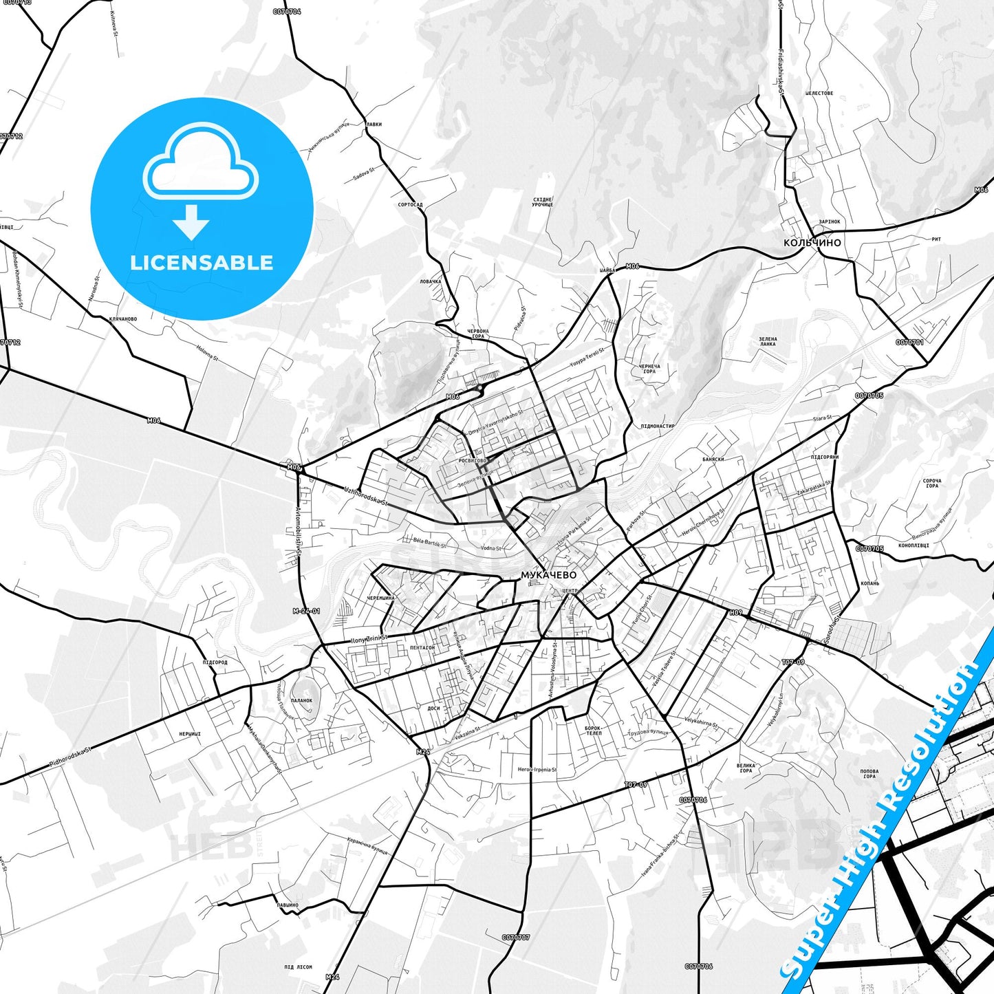 Mukachevo, Ukraine Light Map with Street Names, City Names, and Districts