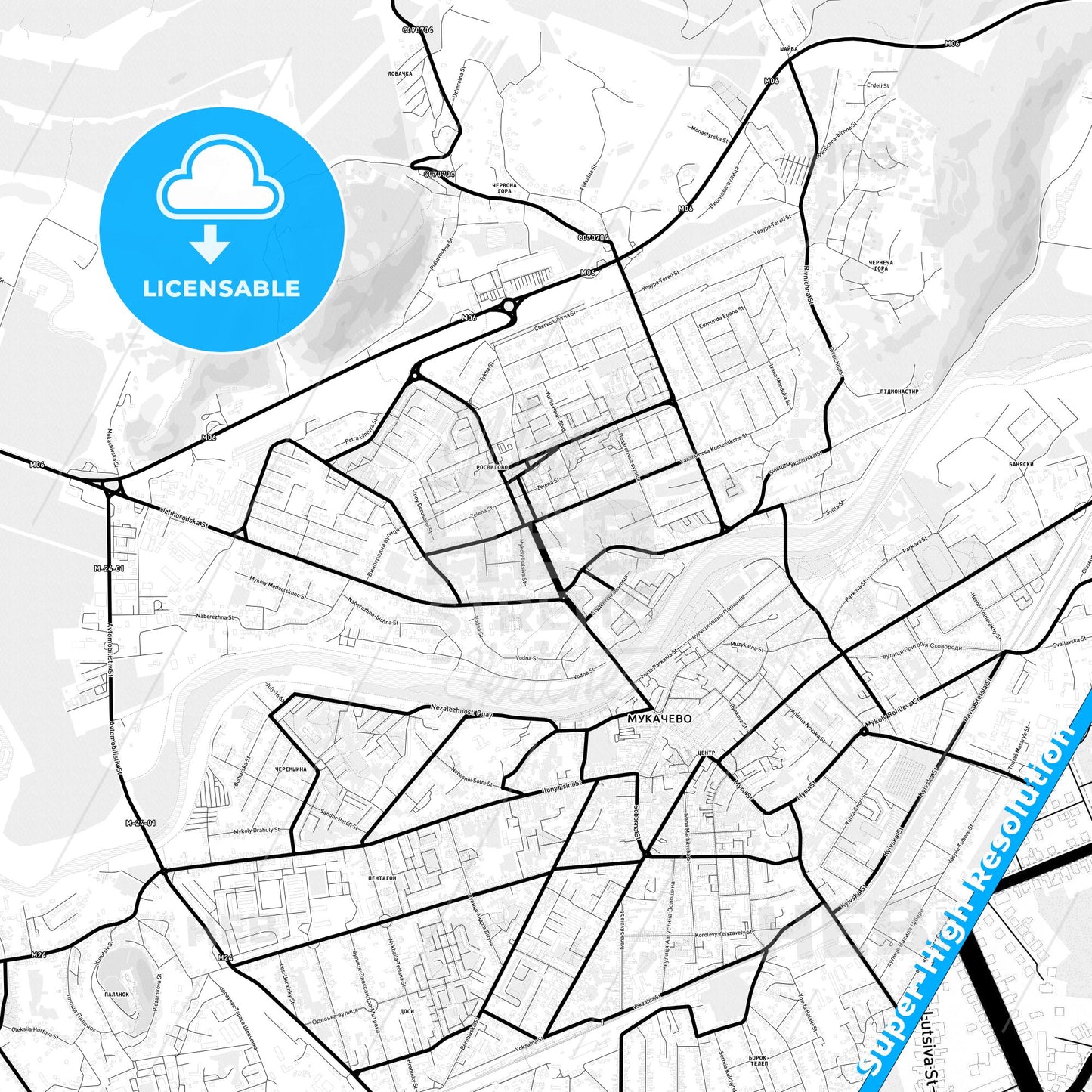Mukachevo, Ukraine Light Map with Street Names, City Names, and Districts