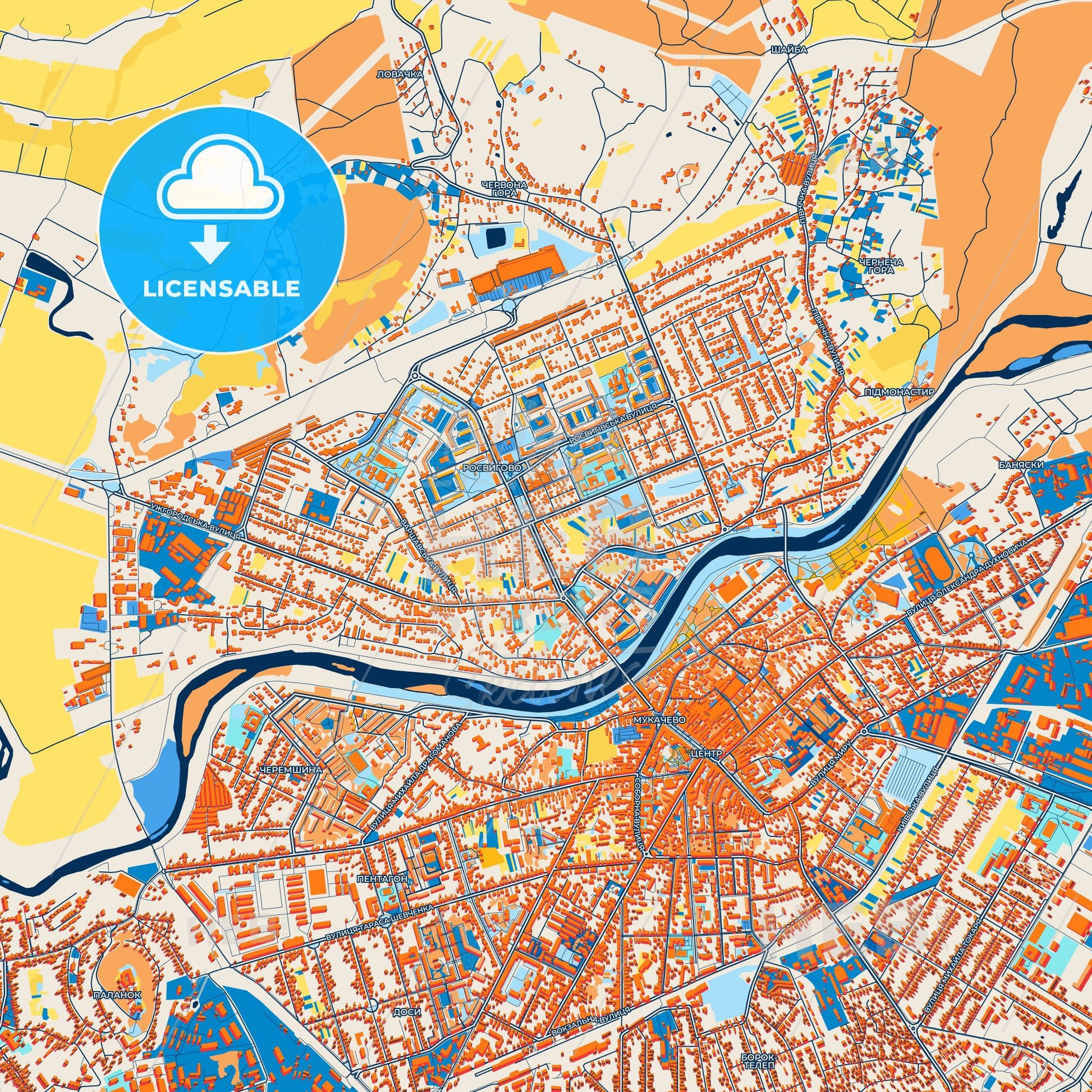 Colorful Mukachevo Street Map with Labels and Buildings