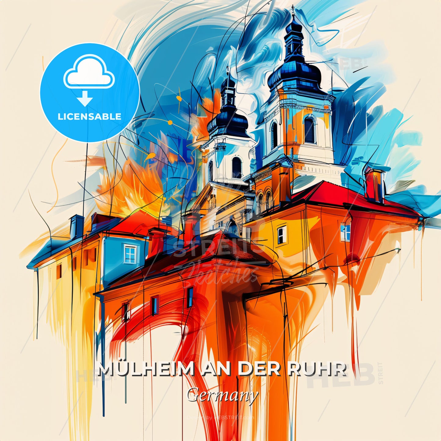 Vibrant Mülheim An Der Ruhr, Germany - A Drawing Of A Building With A Fire - Square format print template