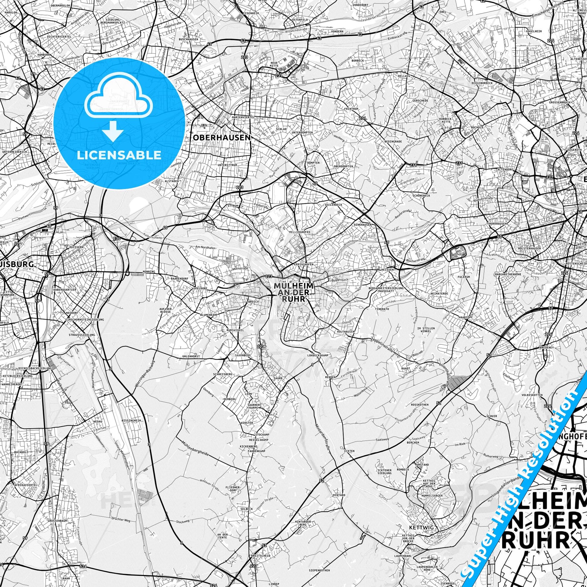 Mulheim an der Ruhr, Germany light map with streetnames, citynames and districts