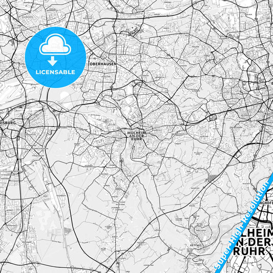Mulheim an der Ruhr, Germany light map with streetnames, citynames and districts