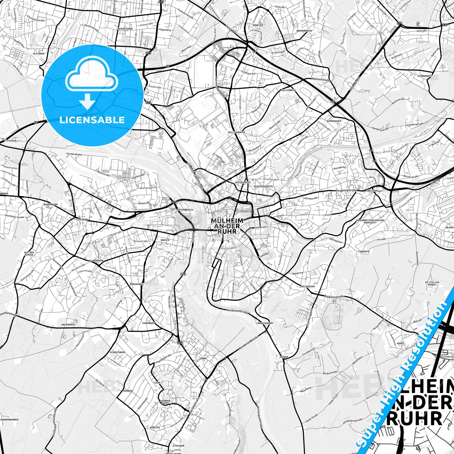 Mulheim an der Ruhr, Germany Light Map with Street Names, City Names, and Districts