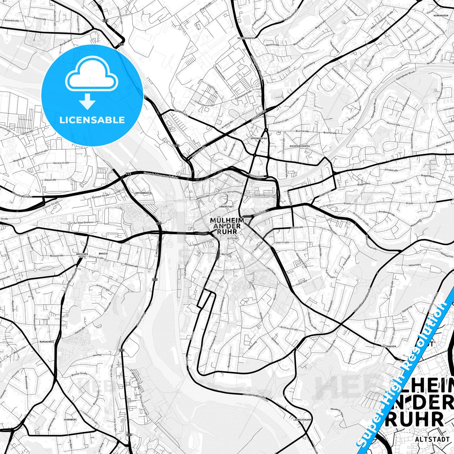 Mulheim an der Ruhr, Germany Light Map with Street Names, City Names, and Districts