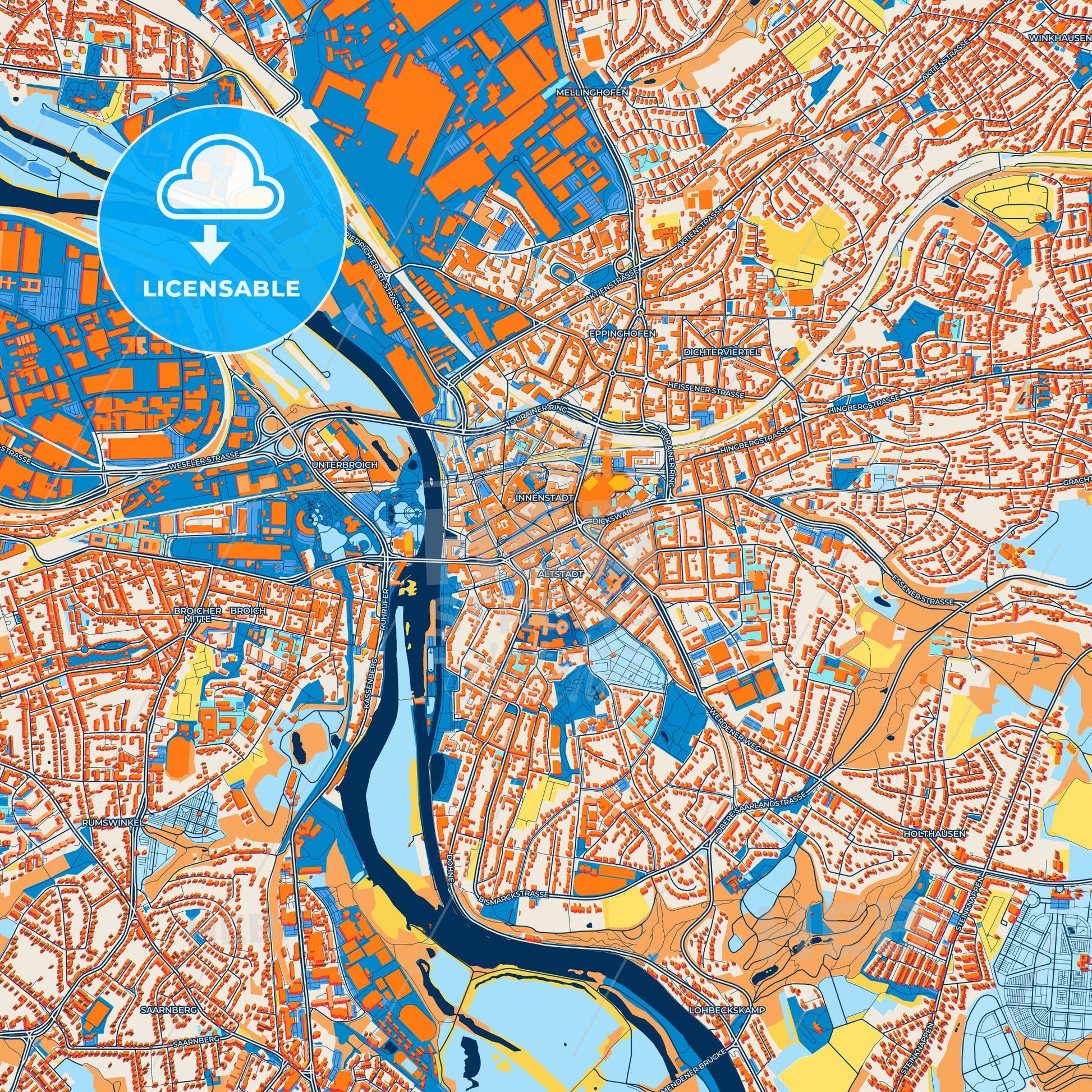 Colorful Mulheim an der Ruhr Street Map with Labels and Buildings