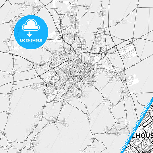 Mulhouse, France light map with streetnames, citynames and districts