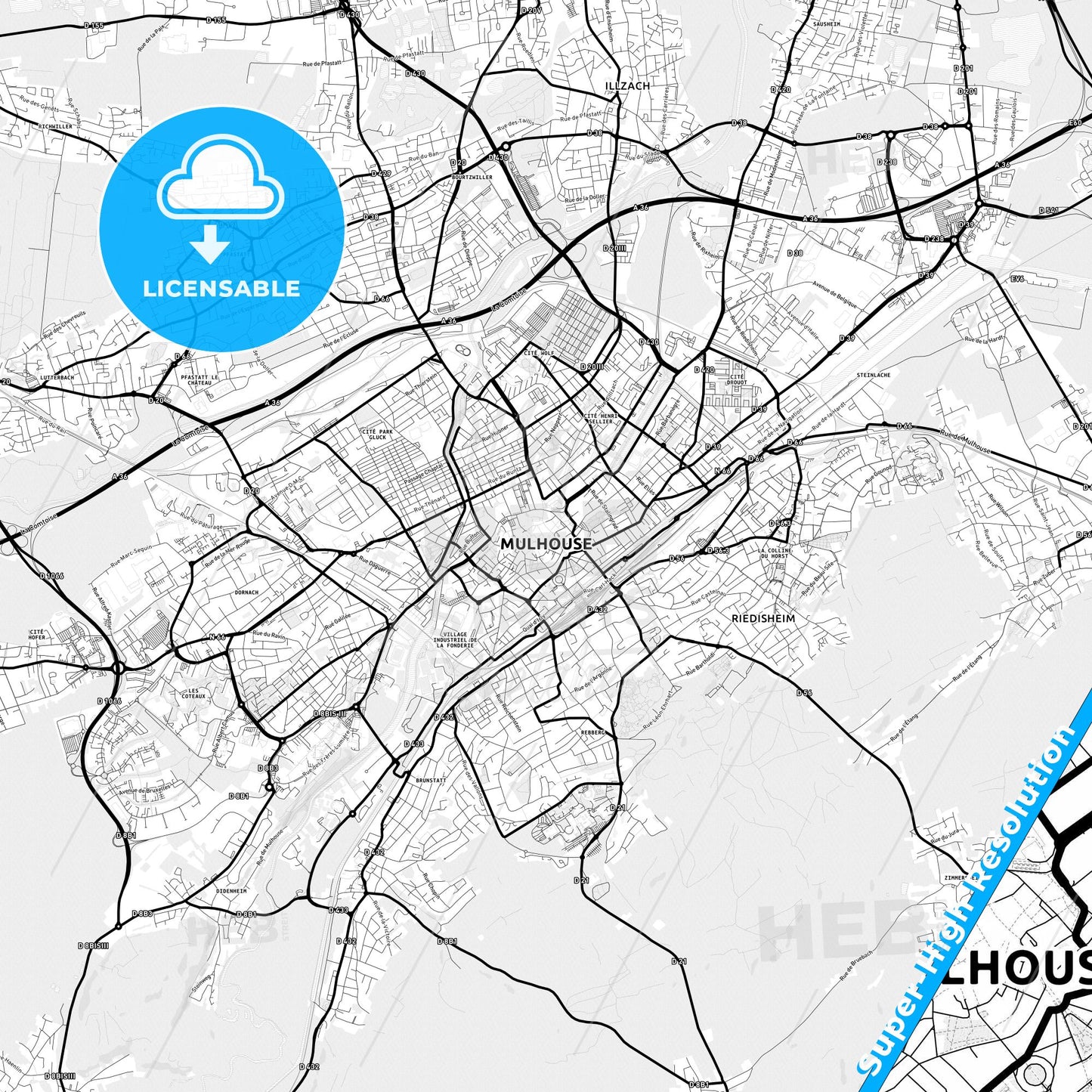 Mulhouse, France Light Map with Street Names, City Names, and Districts