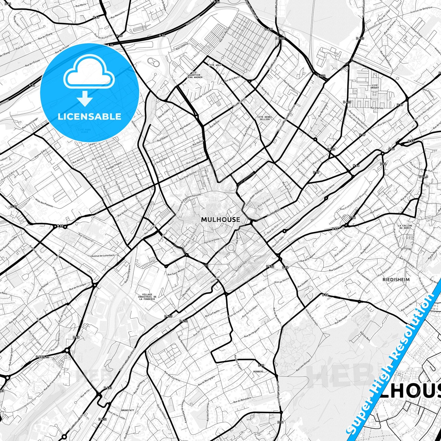 Mulhouse, France Light Map with Street Names, City Names, and Districts