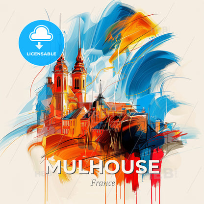 Vibrant Mulhouse, France - A Painting Of A Building With Towers - Square format print template