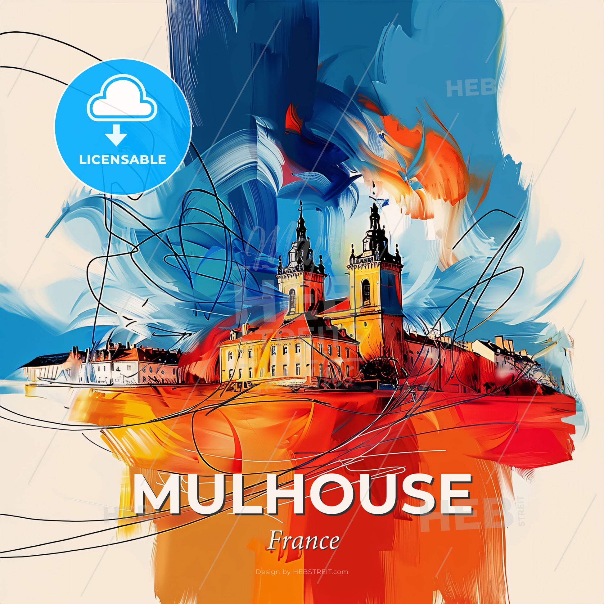 Vibrant Mulhouse, France - A Painting Of A Building With Towers - Square format print template