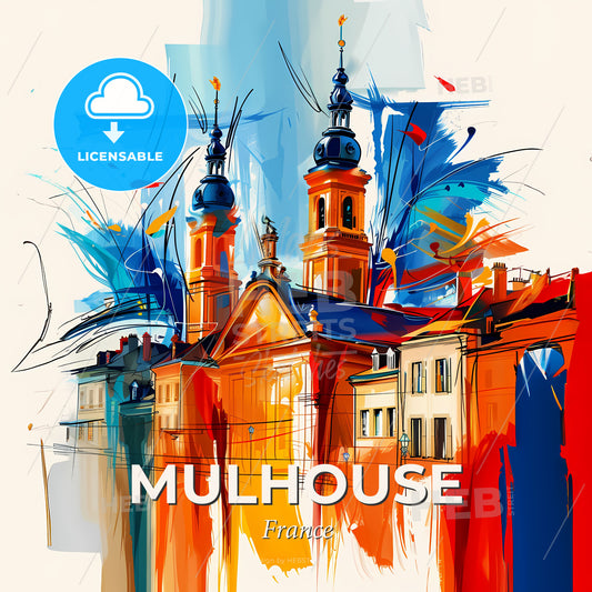 Vibrant Mulhouse, France - A Painting Of A Building With Towers - Square format print template