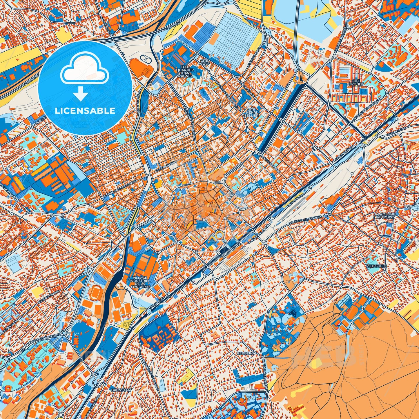 Colorful Mulhouse Street Map with Labels and Buildings