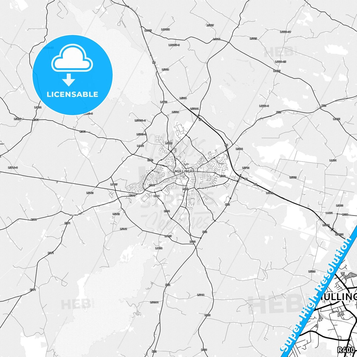 Mullingar, Ireland light map with streetnames, citynames and districts