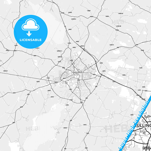 Mullingar, Ireland light map with streetnames, citynames and districts