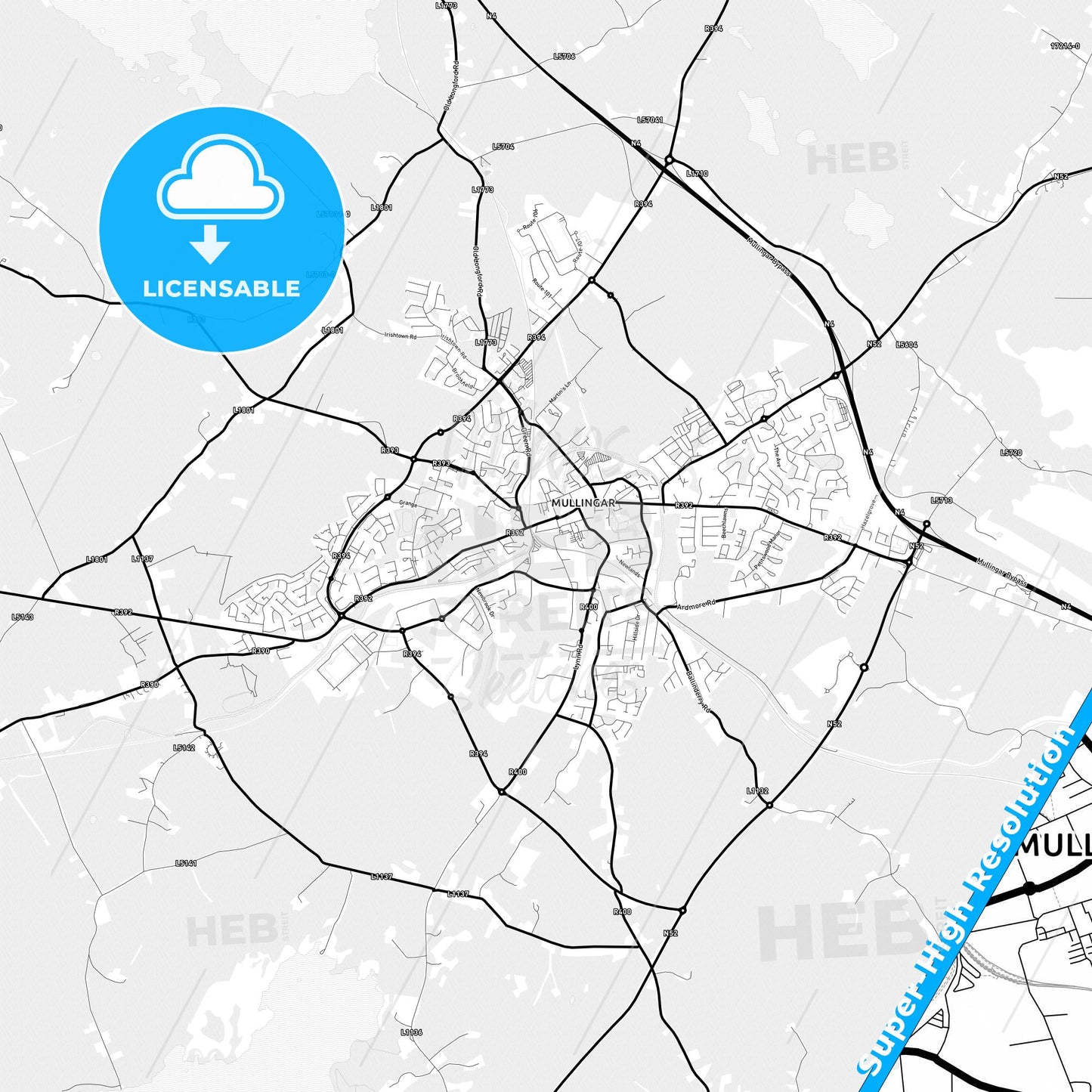 Mullingar, Ireland Light Map with Street Names, City Names, and Districts
