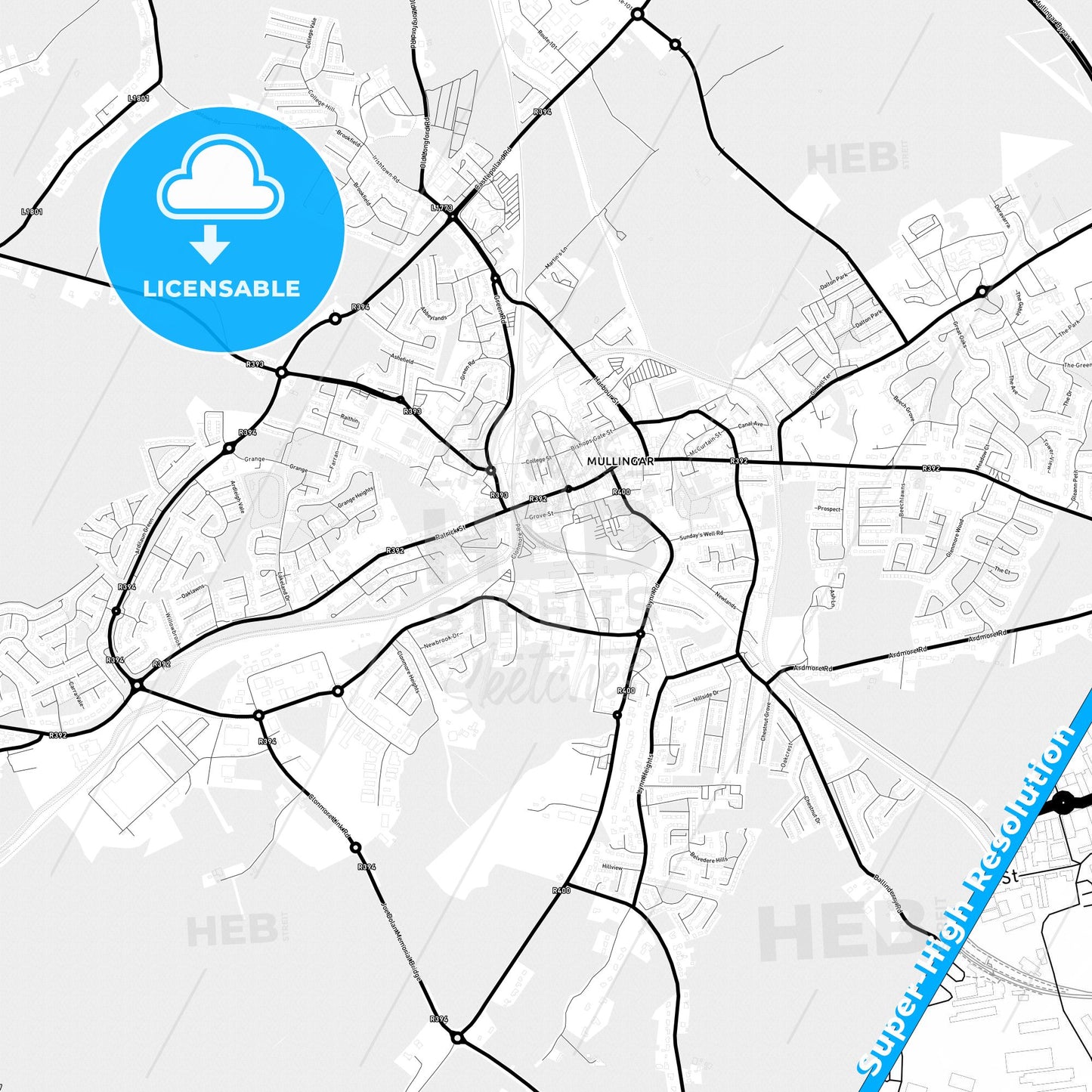 Mullingar, Ireland Light Map with Street Names, City Names, and Districts
