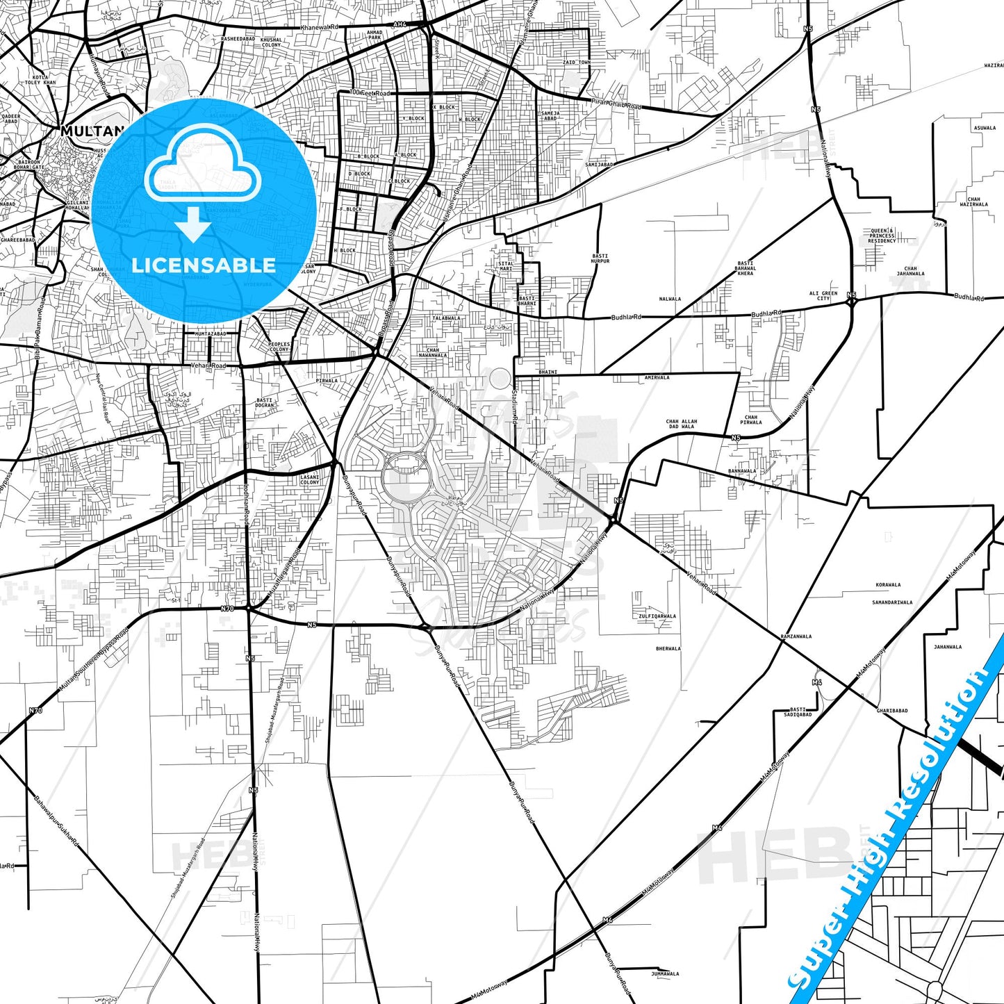 Multan, Pakistan Light Map with Street Names, City Names, and Districts