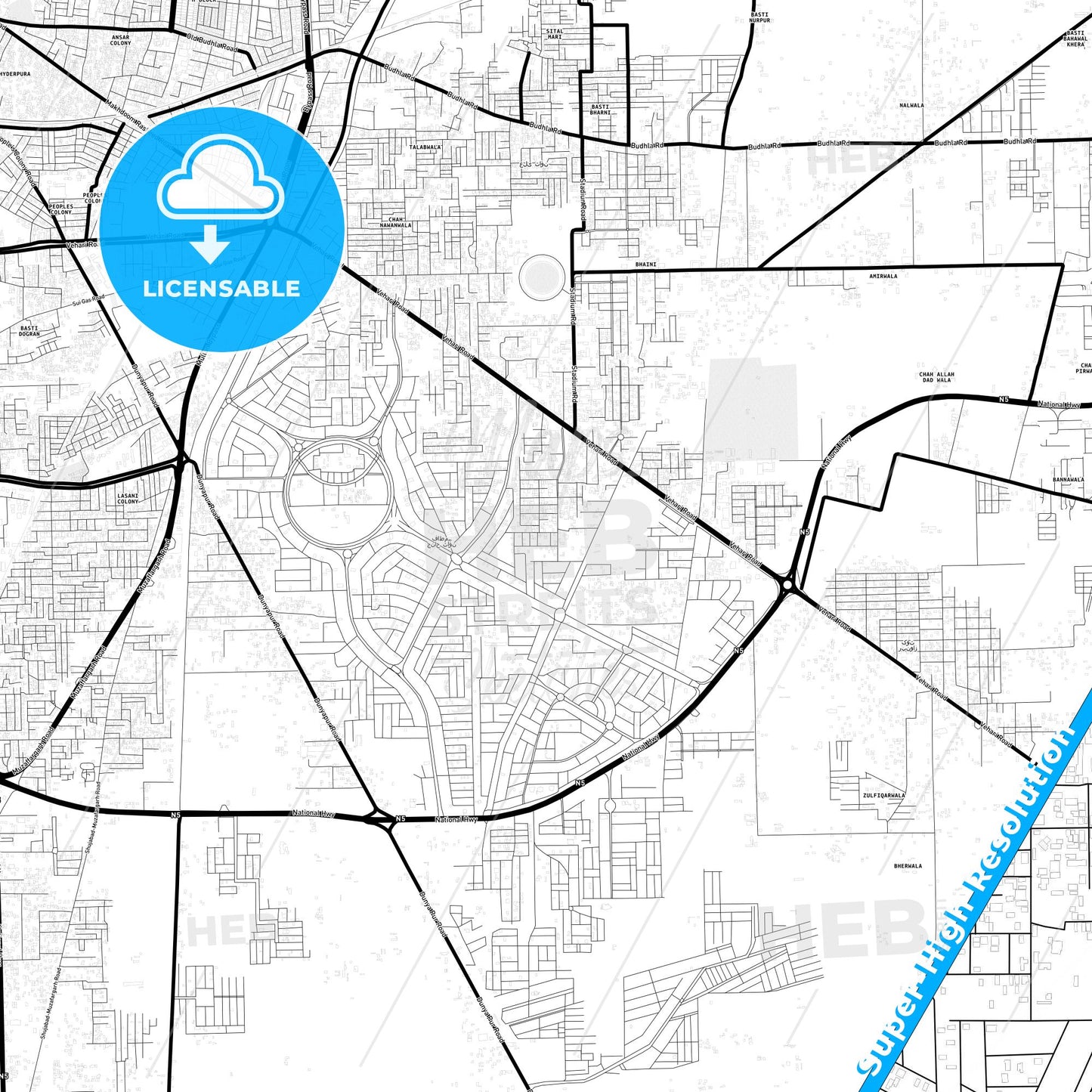 Multan, Pakistan Light Map with Street Names, City Names, and Districts