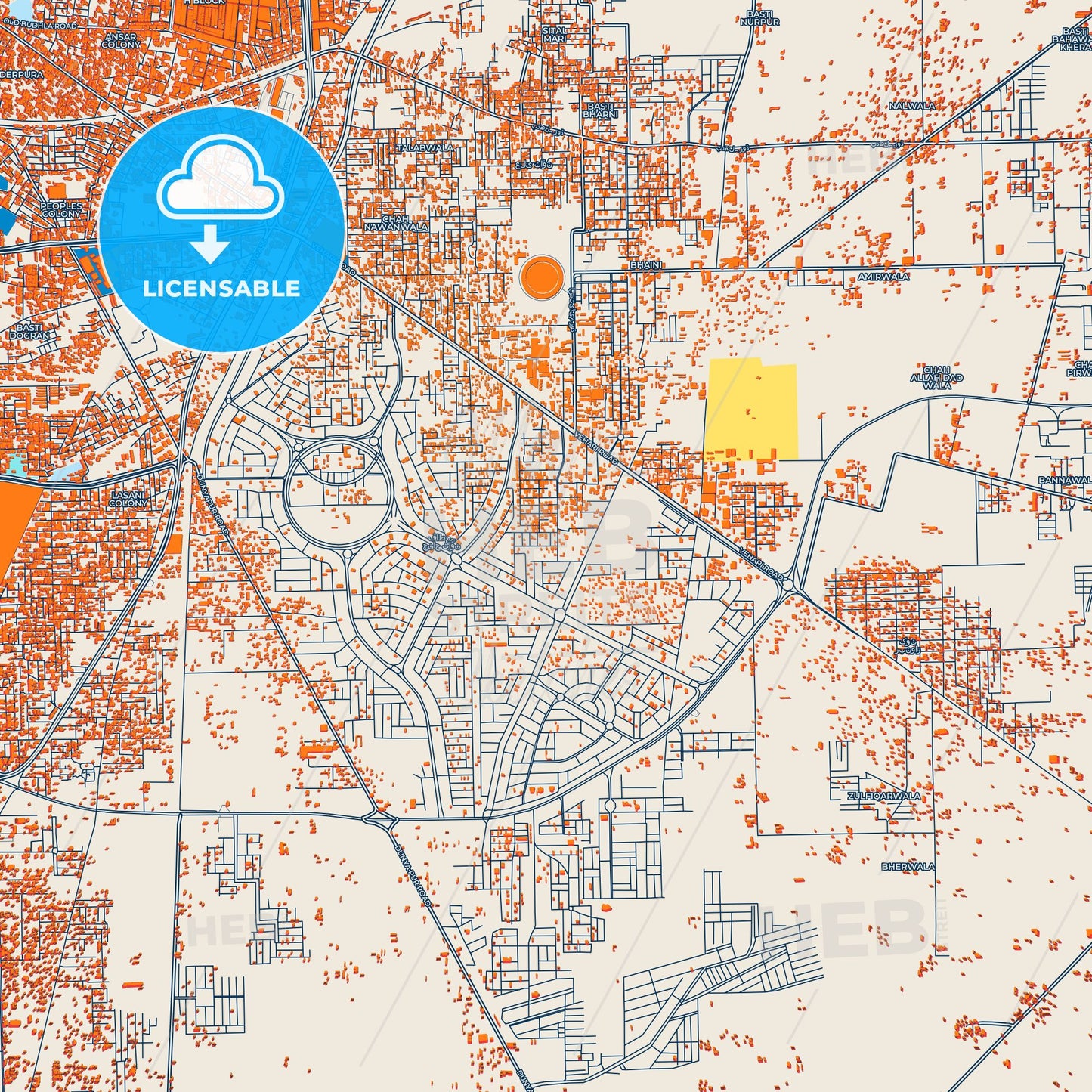 Colorful Multan Street Map with Labels and Buildings