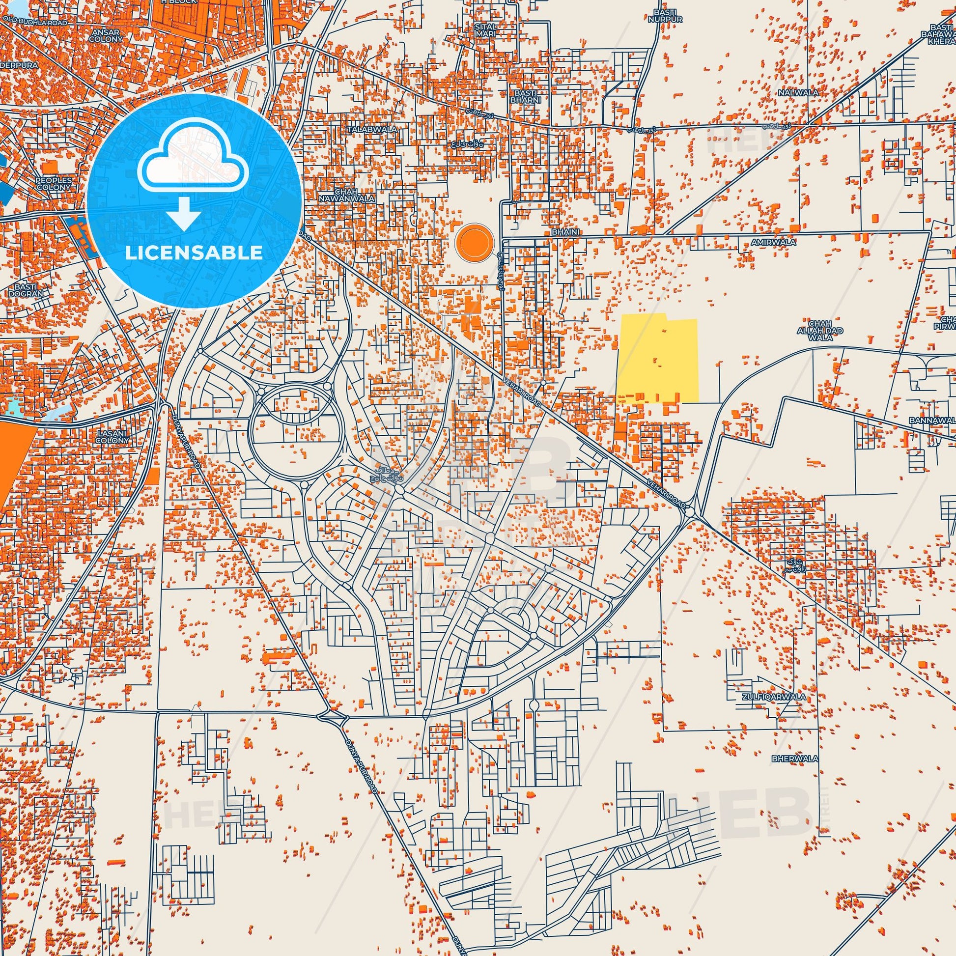 Colorful Multan Street Map with Labels and Buildings