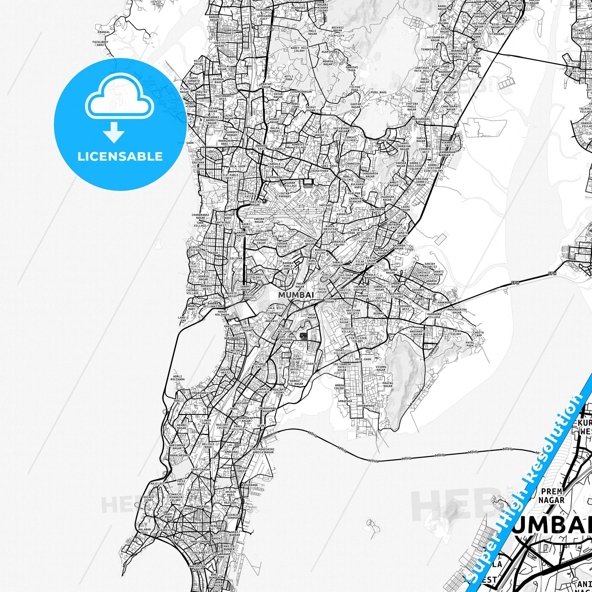 Mumbai, India light map with streetnames, citynames and districts