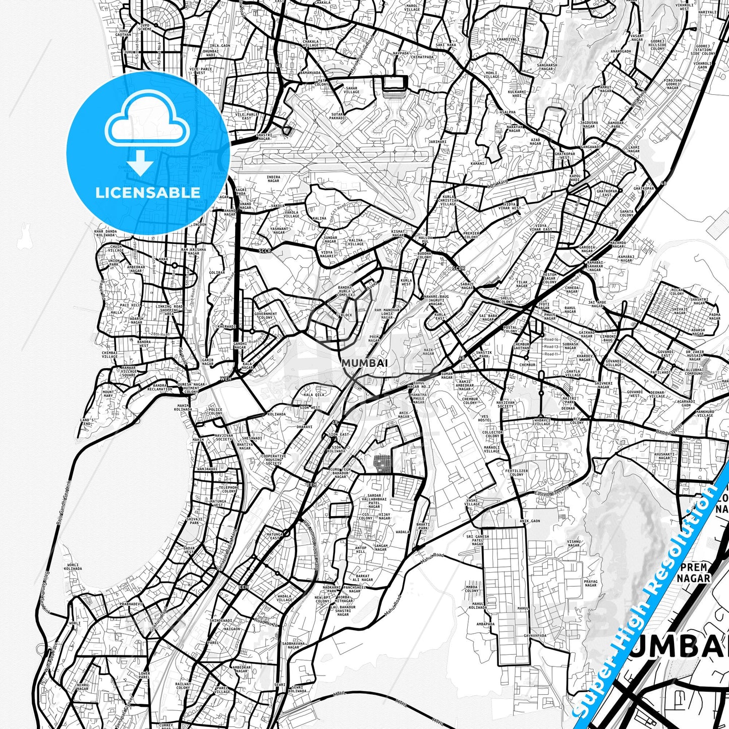 Mumbai, India Light Map with Street Names, City Names, and Districts