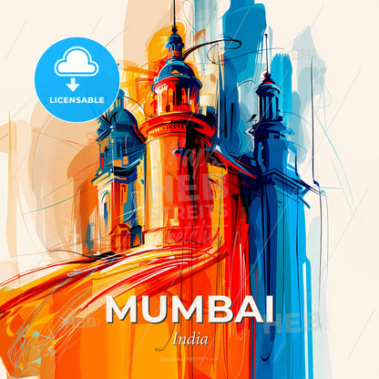 Vibrant Mumbai, India - A Colorful Painting Of A Castle - Square format print template