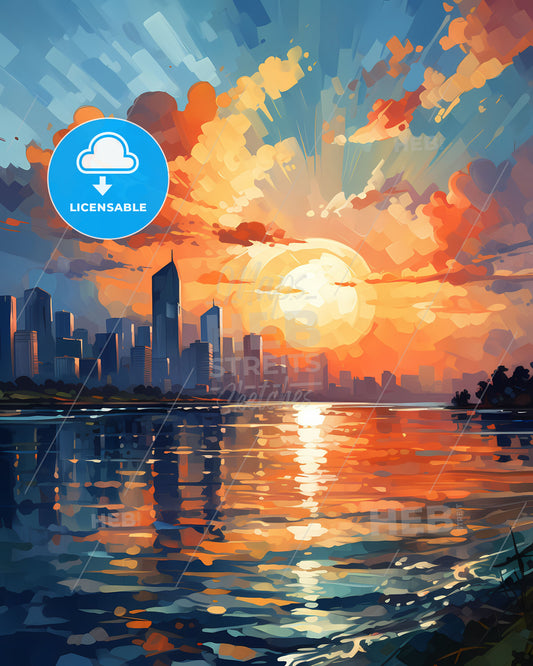 Vibrant Mumbai Skyline Painting with Sunset over Water