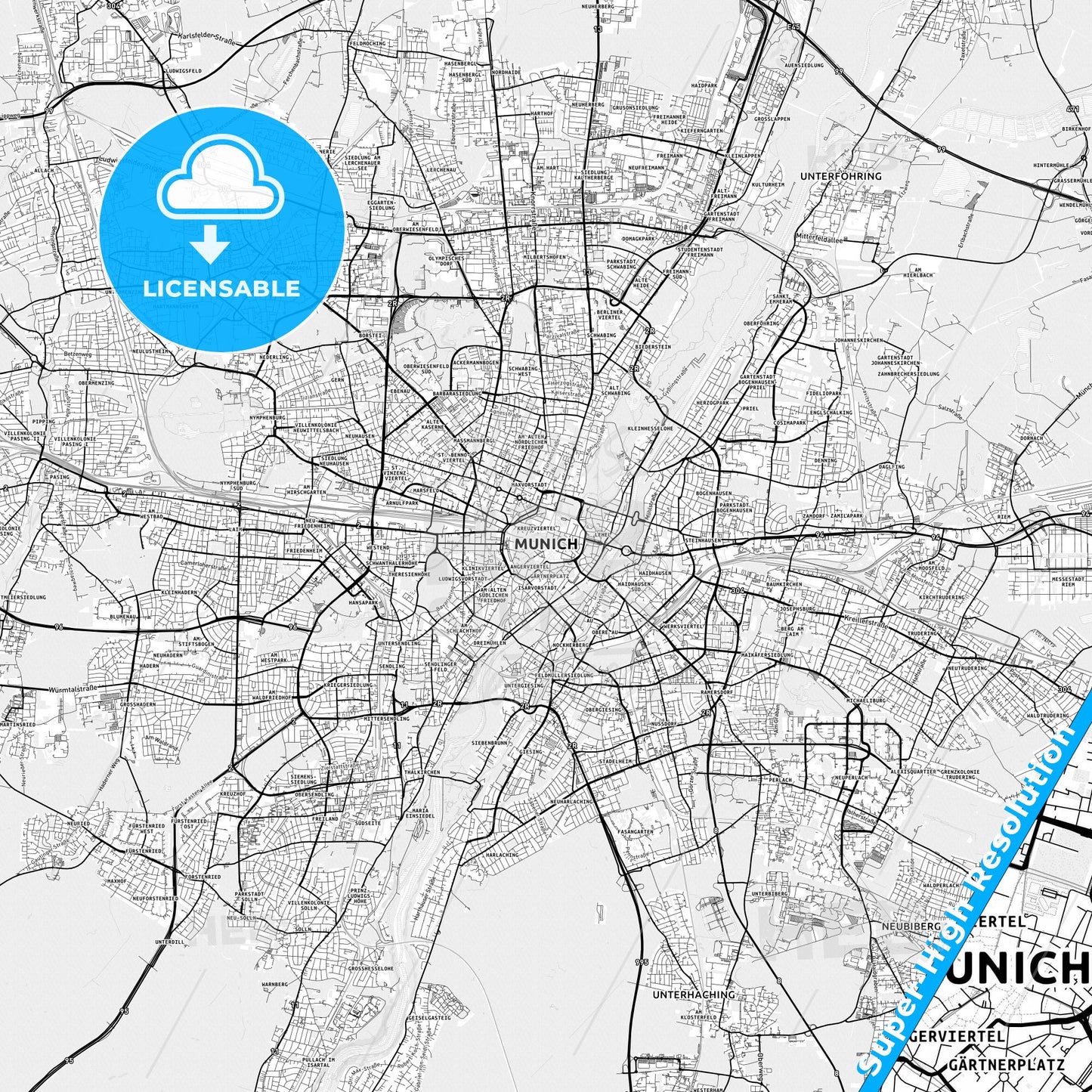 München, Germany light map with streetnames, citynames and districts