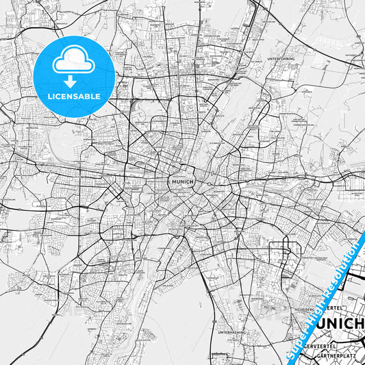 München, Germany light map with streetnames, citynames and districts