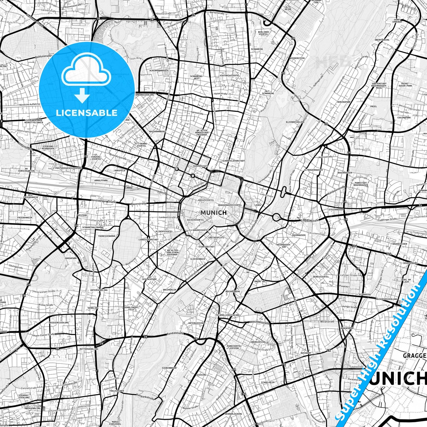 München, Germany Light Map with Street Names, City Names, and Districts