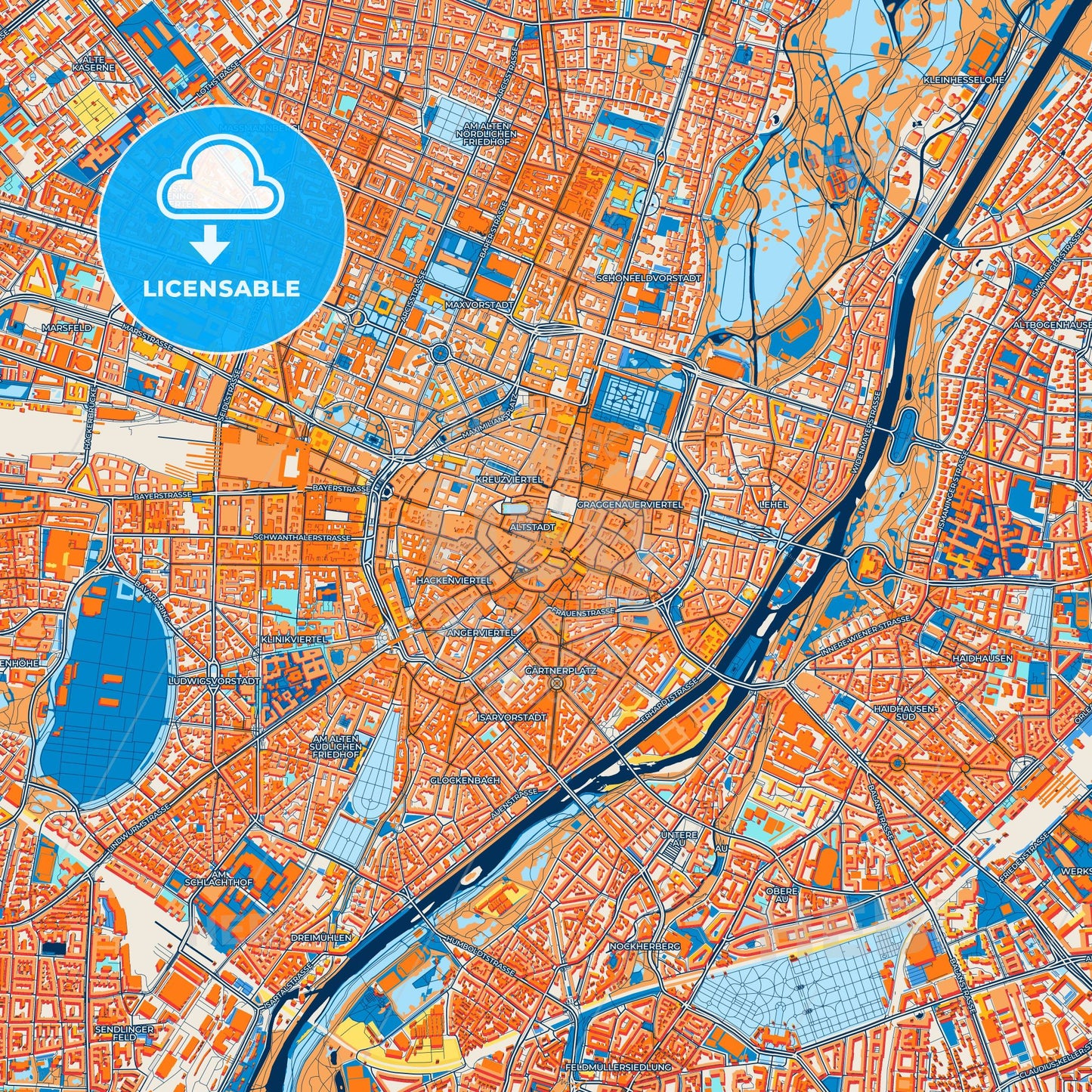 Colorful München Street Map with Labels and Buildings
