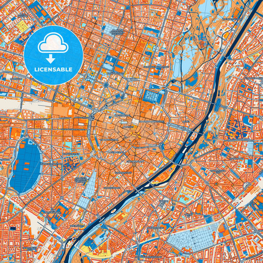 Colorful München Street Map with Labels and Buildings