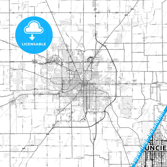 Muncie, Indiana light map with streetnames, citynames and districts
