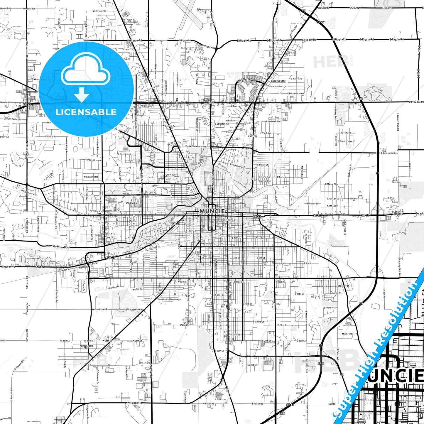 Muncie, Indiana Light Map with Street Names, City Names, and Districts