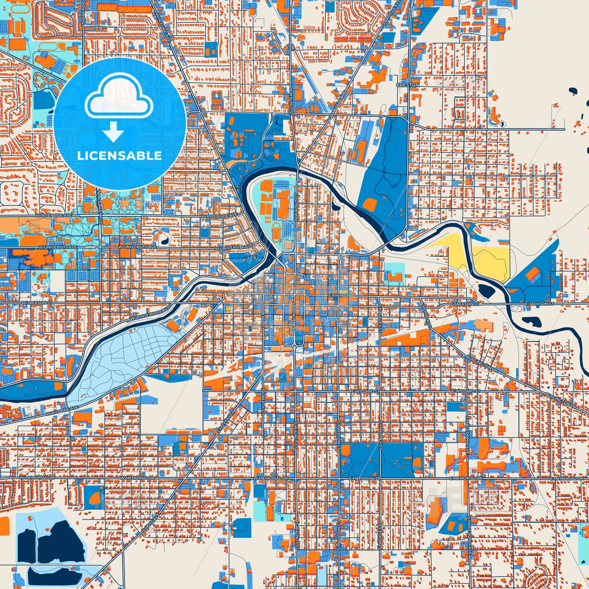 Colorful Muncie Street Map with Labels and Buildings