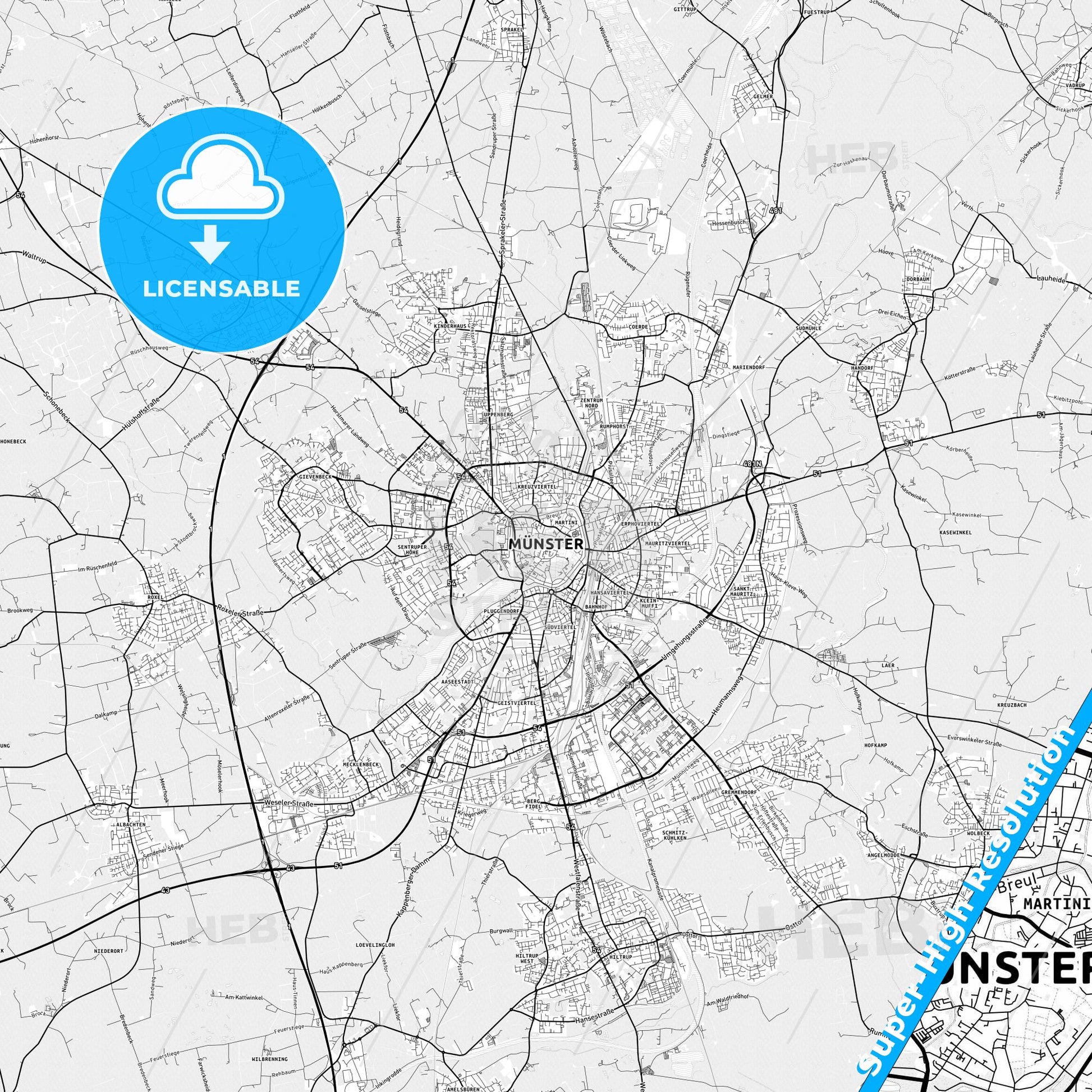 Münster, Germany light map with streetnames, citynames and districts