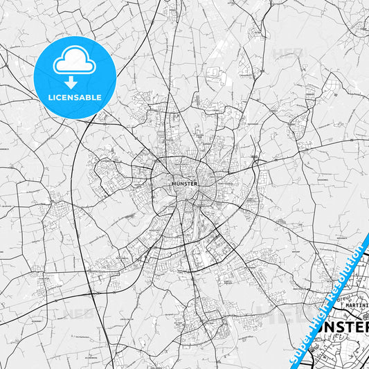 Münster, Germany light map with streetnames, citynames and districts