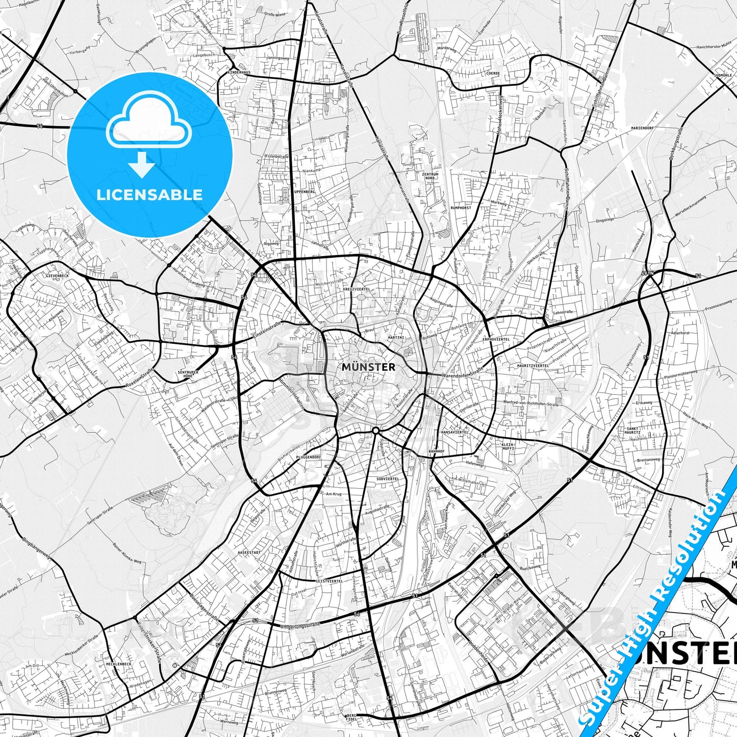 Münster, Germany Light Map with Street Names, City Names, and Districts