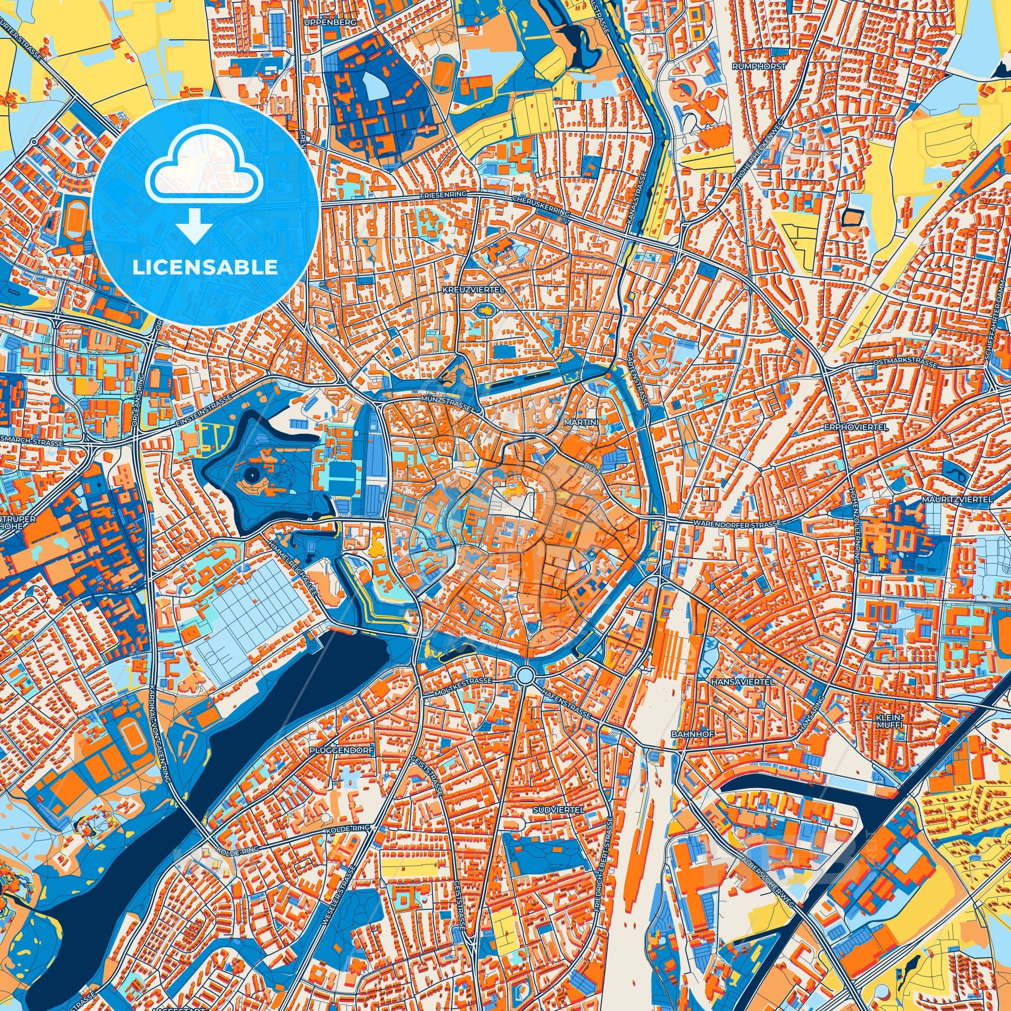 Colorful Münster Street Map With Labels And Buildings – HEBSTREITS