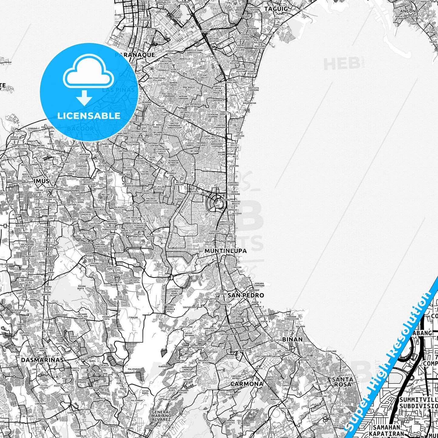 Muntinlupa, Philippines light map with streetnames, citynames and districts