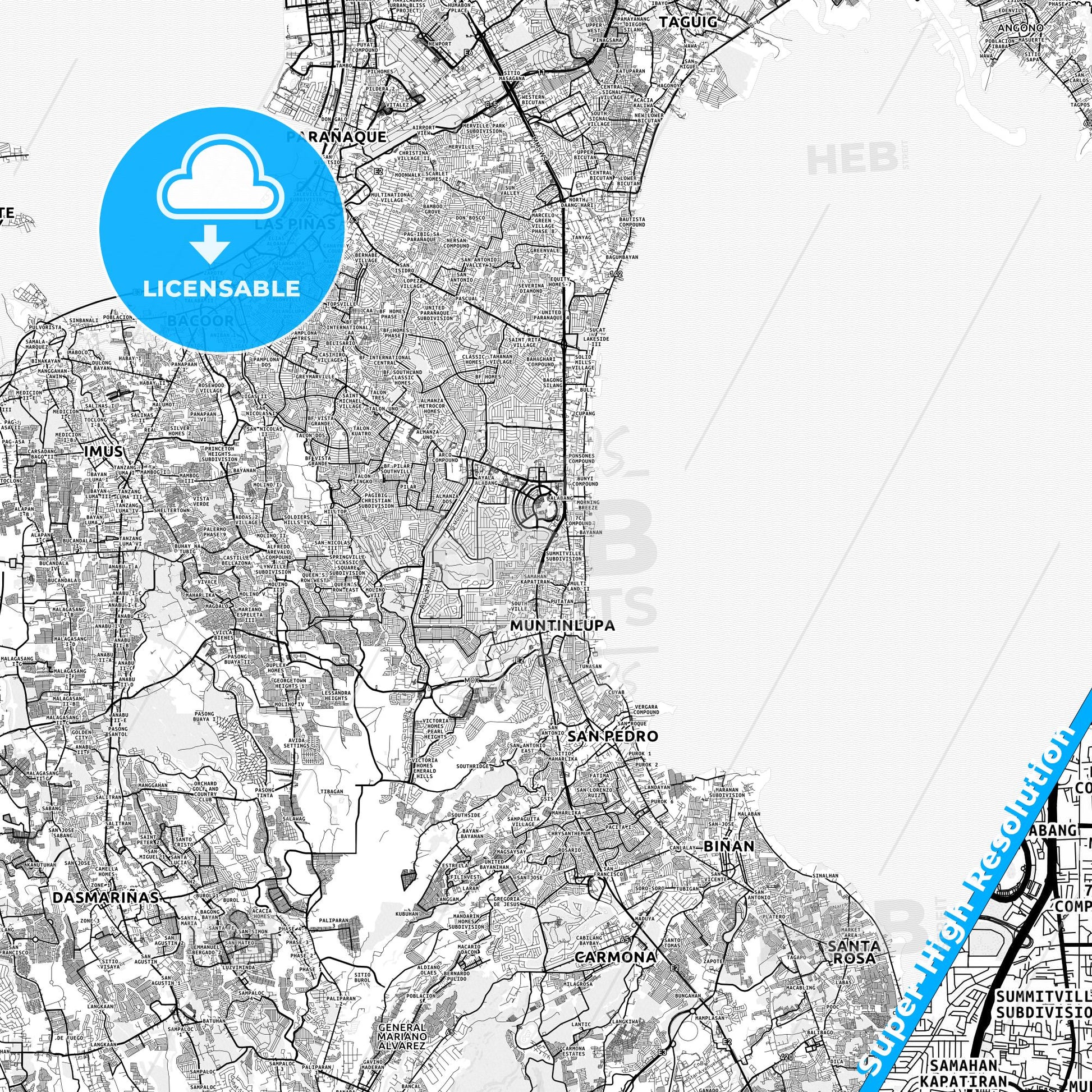 Muntinlupa, Philippines light map with streetnames, citynames and districts