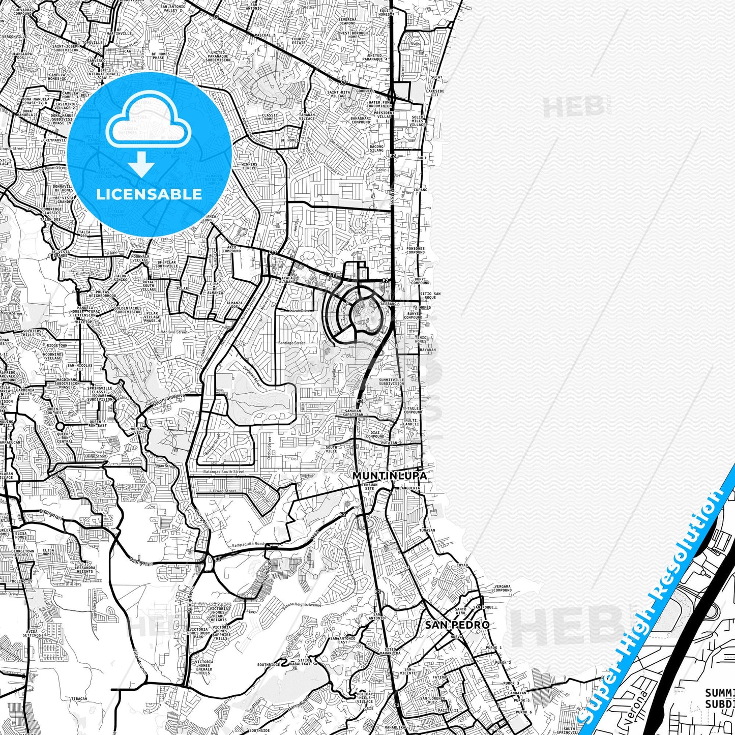 Muntinlupa, Philippines Light Map with Street Names, City Names, and Districts